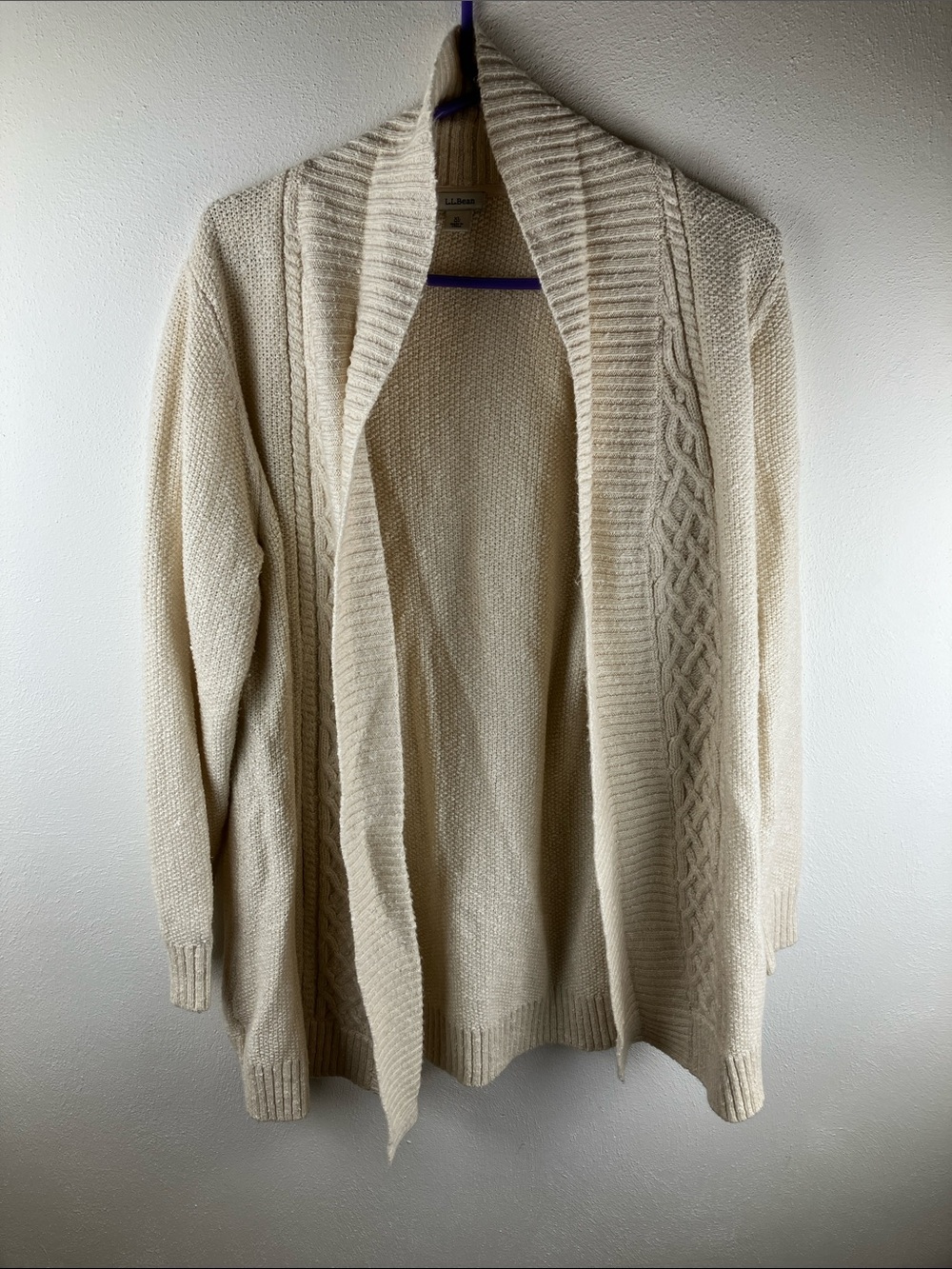 L.L. Bean XL Cream Cable Knit Open Front Cardigan Sweater Cotton Blend Coastal
